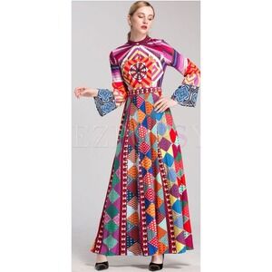 Ezpopsy Women Sz Small 1970's Colorful Psychedelic Maxi Dress Neon Rainbow Flare